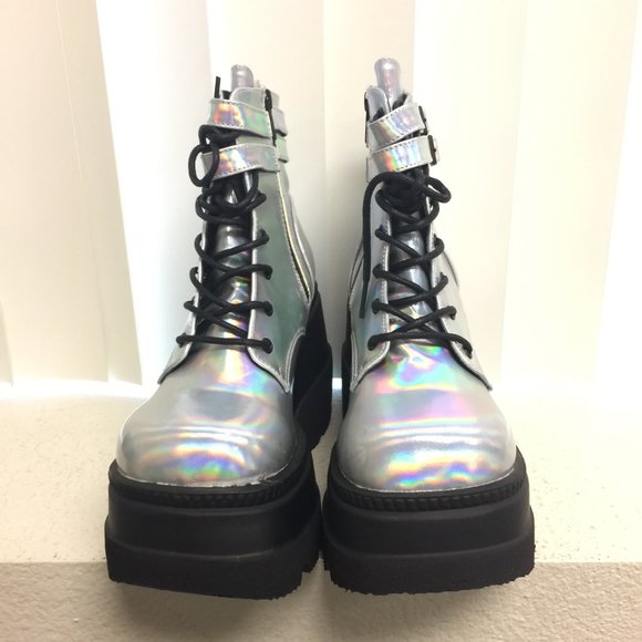 Demonia Silver Holographic Platform Boots - Picture 2 of 13